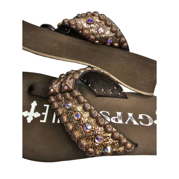 GYPSY SOULE Brown Flip-flops Gold Crystal Swarovski Rhinestone Metallic size 8 - Picture 3 of 11